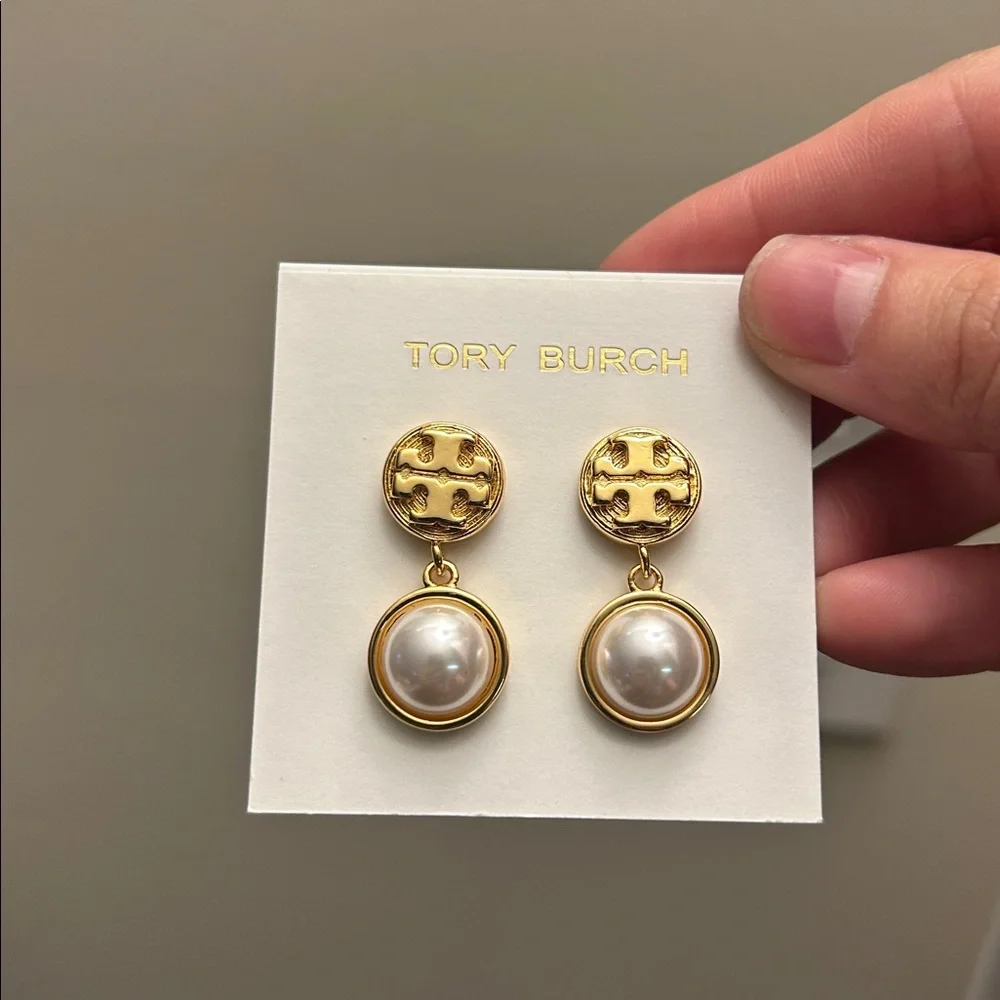 Tory Burch Gold and pearl Logo Earrings